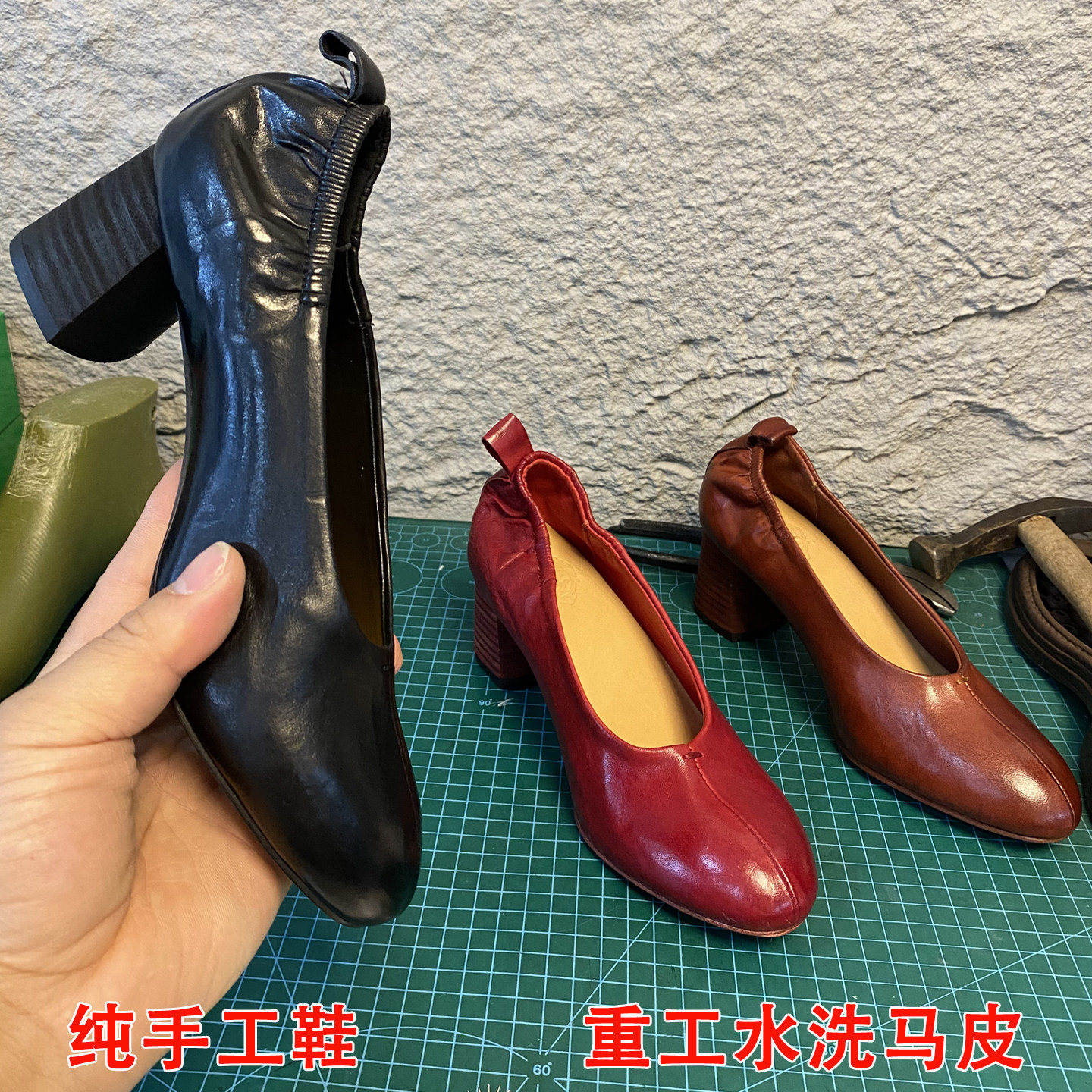 重工水马皮老钱风一脚蹬复古奶奶鞋粗跟高跟浅口不累脚圆头单鞋女