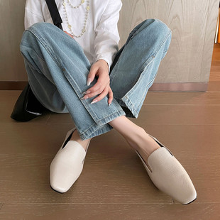 复古方头内增高深口单鞋女真皮舒适一脚蹬鞋子牛皮通勤百搭奶奶鞋