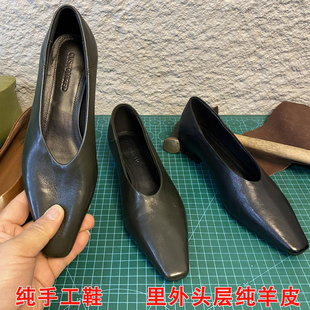 法式手工羊皮方头粗跟乐福鞋女浅口单鞋一脚蹬真皮软面复古奶奶鞋