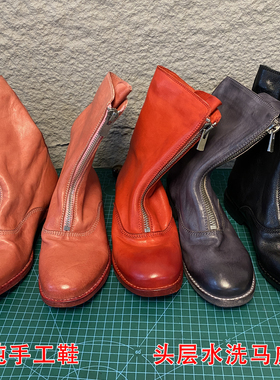 重工水洗马皮guidi靴310真皮短靴前拉链鬼帝女靴真皮大底中筒单靴