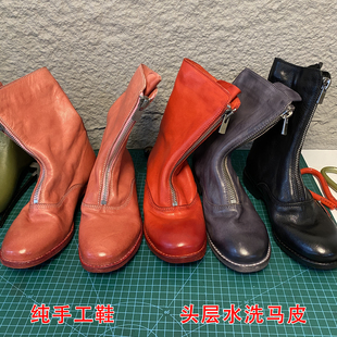 重工水洗马皮guidi靴310真皮短靴前拉链鬼帝女靴真皮大底中筒单靴