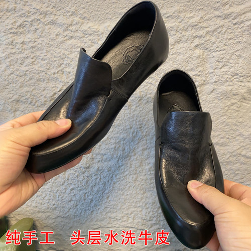 手工头层水洗牛皮内增高乐福鞋