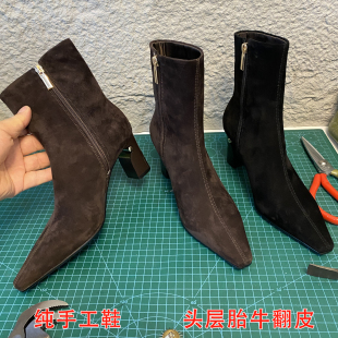 手工真皮法式复古尖头羊翻皮高跟短靴女单靴粗跟小方头瘦瘦靴短靴
