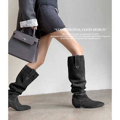 真皮尖头平底v口骑士西部靴