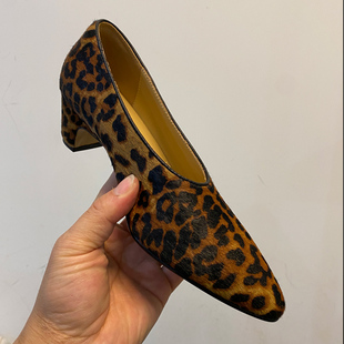 手工女鞋~5cm复古豹纹马毛尖头高跟鞋女2025春秋通勤浅口粗跟单鞋