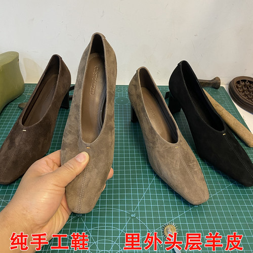 手工羊翻皮复古方头粗跟乐福鞋