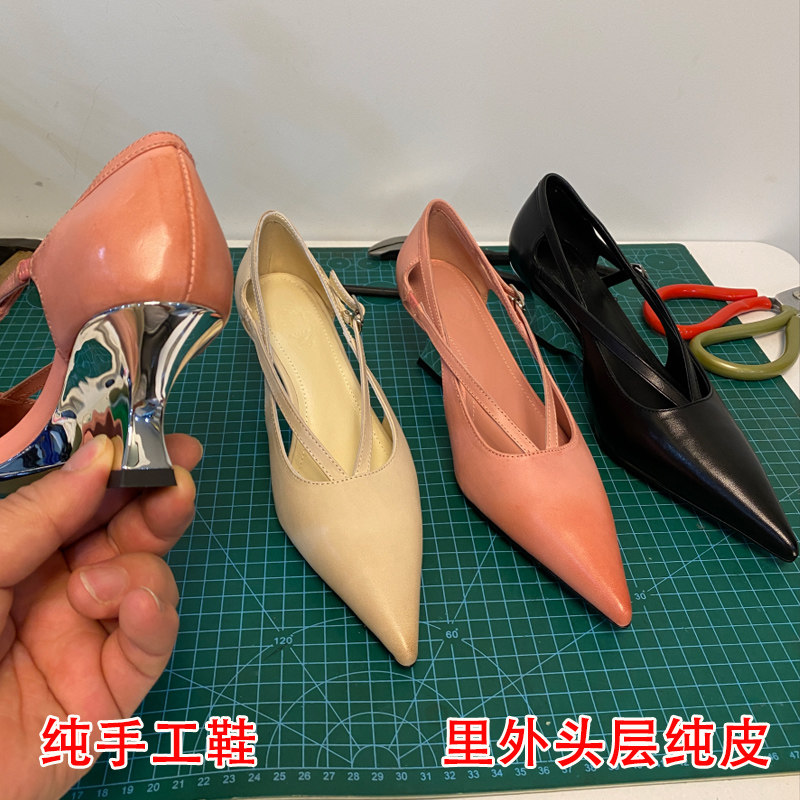 手工真皮欧若风高跟单鞋小众设计极简风时尚百搭舒适电镀坡跟凉鞋