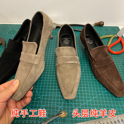 羊皮方头细跟法式复古真皮单鞋