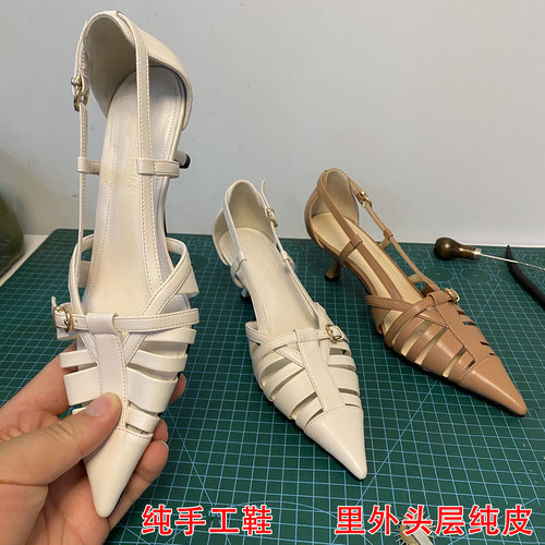 手工法式真皮细跟高跟鞋