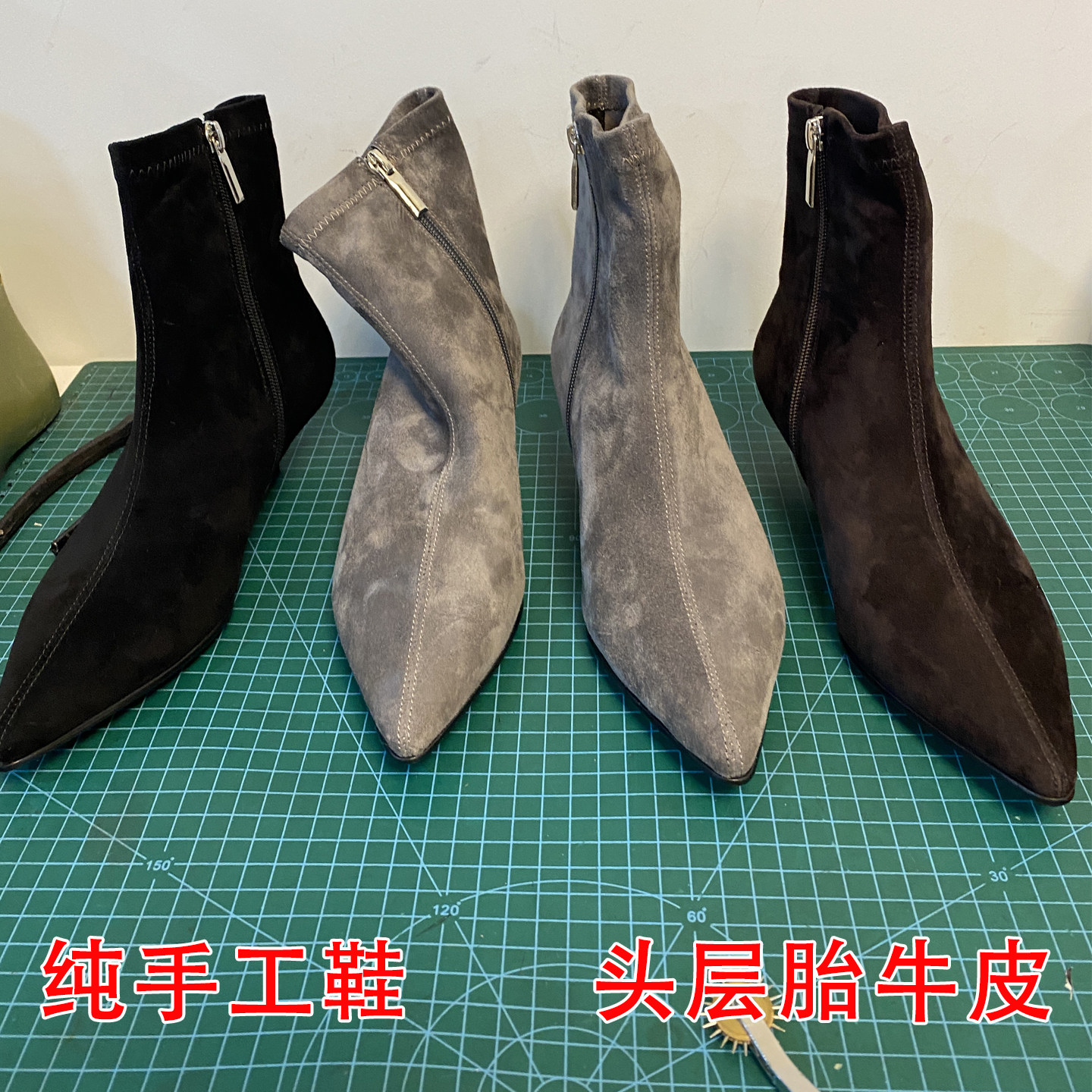 手工真皮复古小猫跟尖头瘦瘦靴女胎牛绒侧拉链细跟通勤中跟短靴女