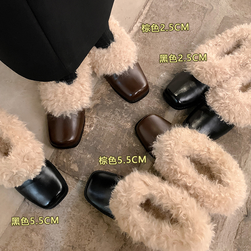 卷毛乐福鞋粗跟高跟棉鞋