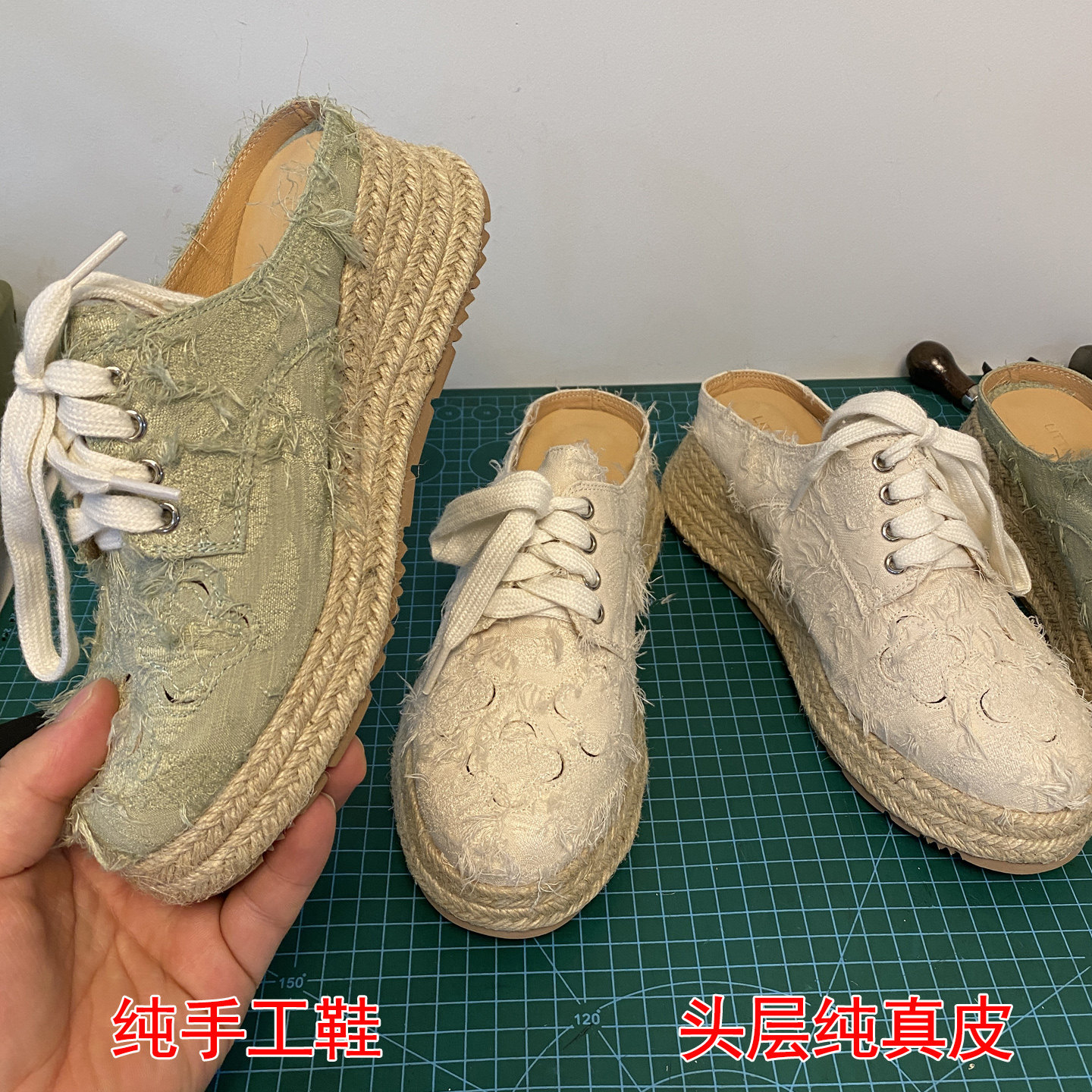 手工真皮复古小众草编坡跟厚底圆头布面系带度假风外穿包头拖鞋女