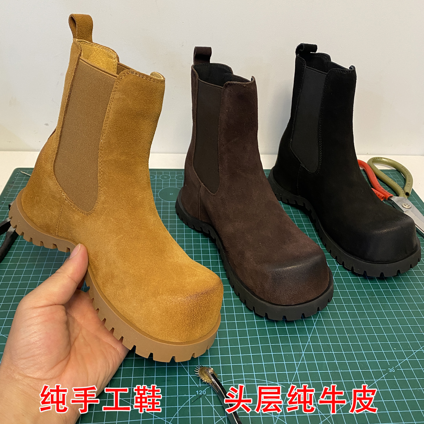 复古真皮圆头内增高烟管短靴