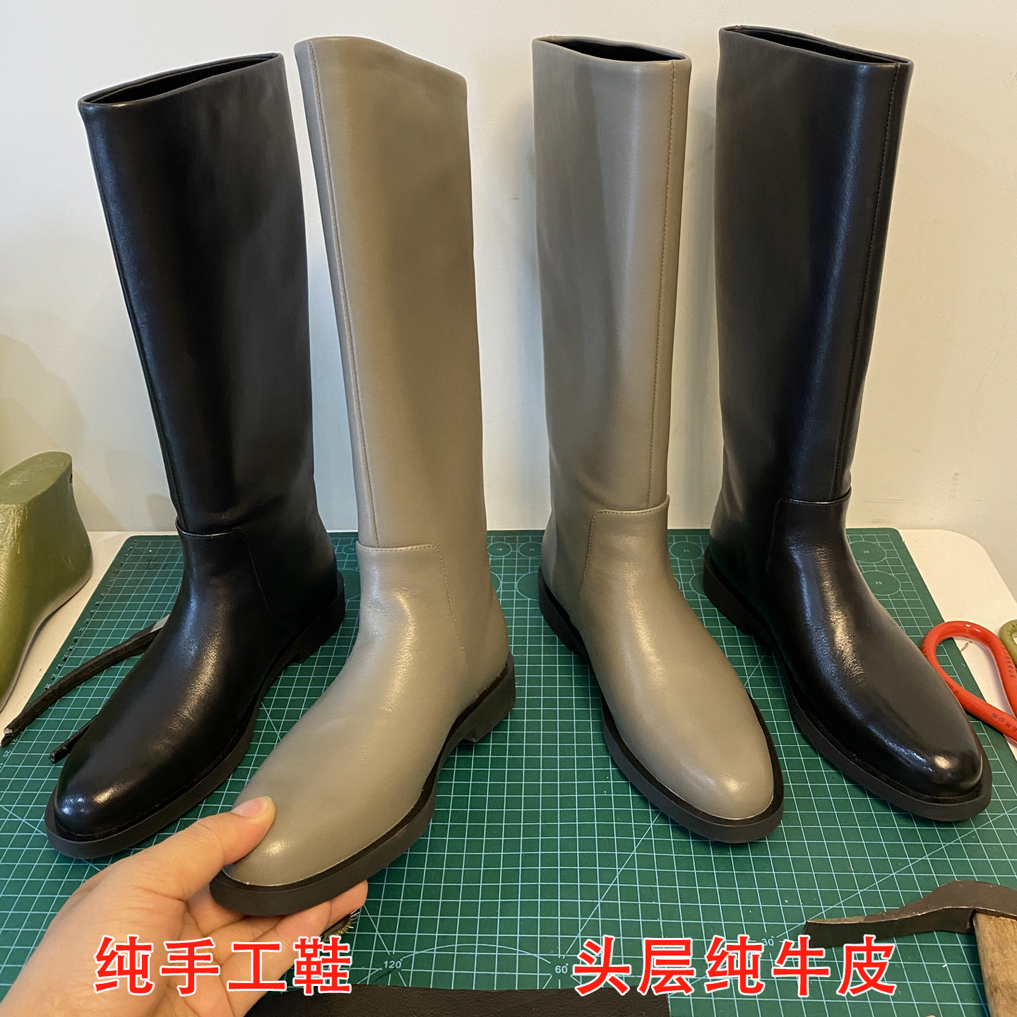 肖二哥头层小牛皮低跟长靴骑士靴