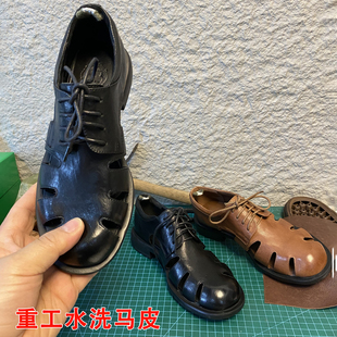 手工水洗马皮老钱风包头镂空罗马凉鞋女真皮低跟系带单鞋猪笼凉鞋