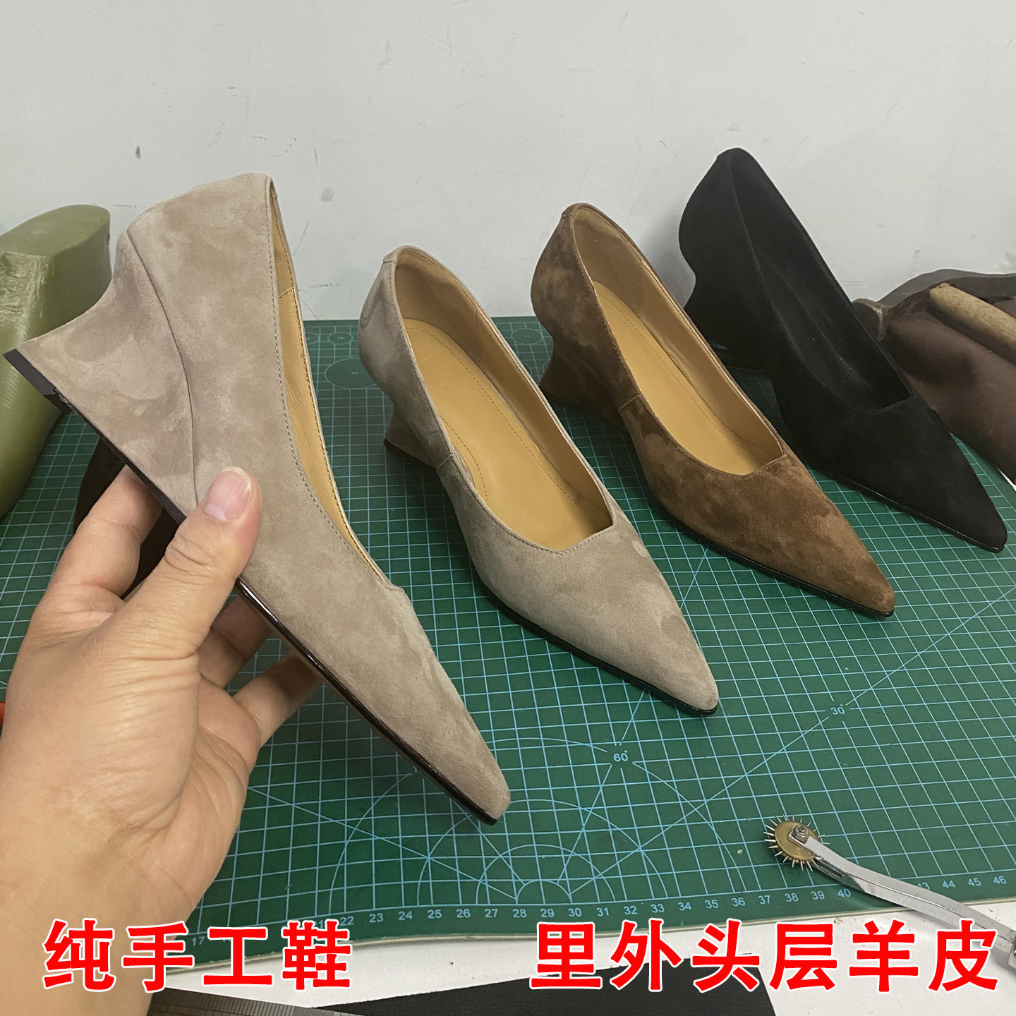 手工真皮法式尖头简约坡跟浅口单鞋女通勤磨砂羊皮一脚蹬高跟鞋女