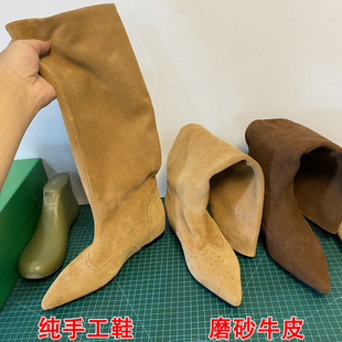 纯手工真皮磨砂内增高尖头高筒长靴女中跟不过膝阔筒西部堆堆靴子