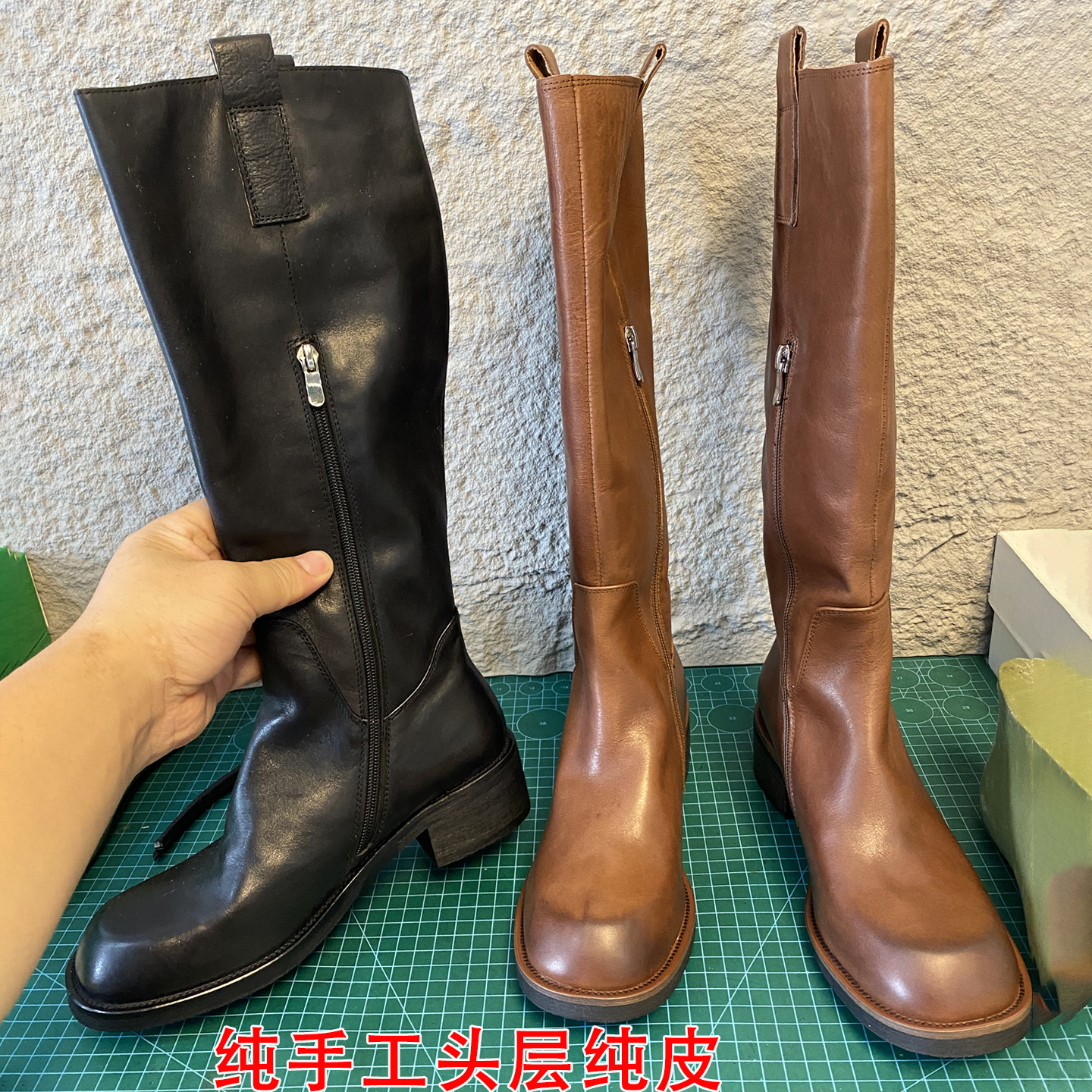 头层水洗全牛皮圆头中跟骑士靴