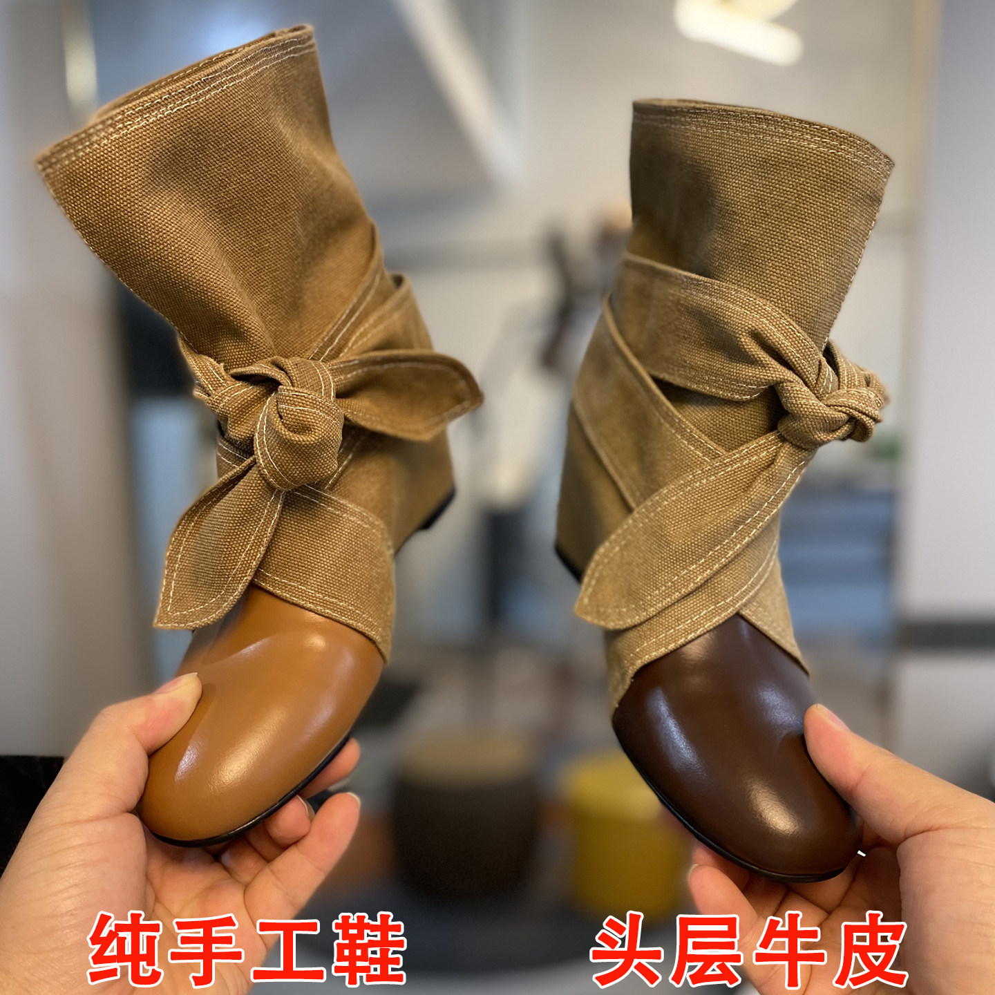 真皮小个子内增高复古帆布拼接绑带蝴蝶结短靴女圆头显瘦西部靴女