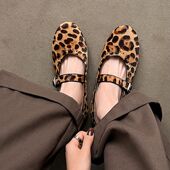 配裙子绝美百搭内增高坡跟玛丽珍一字带单鞋 法式 圆头豹纹马毛女鞋