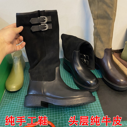 手工真皮复古皮带扣女高筒靴