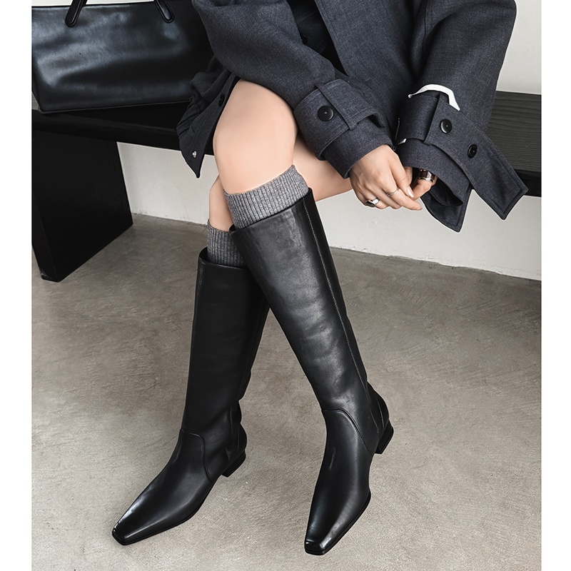 真皮法式复古方头粗跟骑士靴