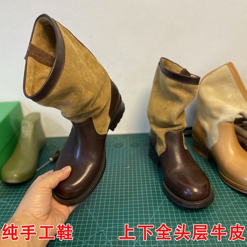 全牛皮复古皮带扣骑士堆堆靴女