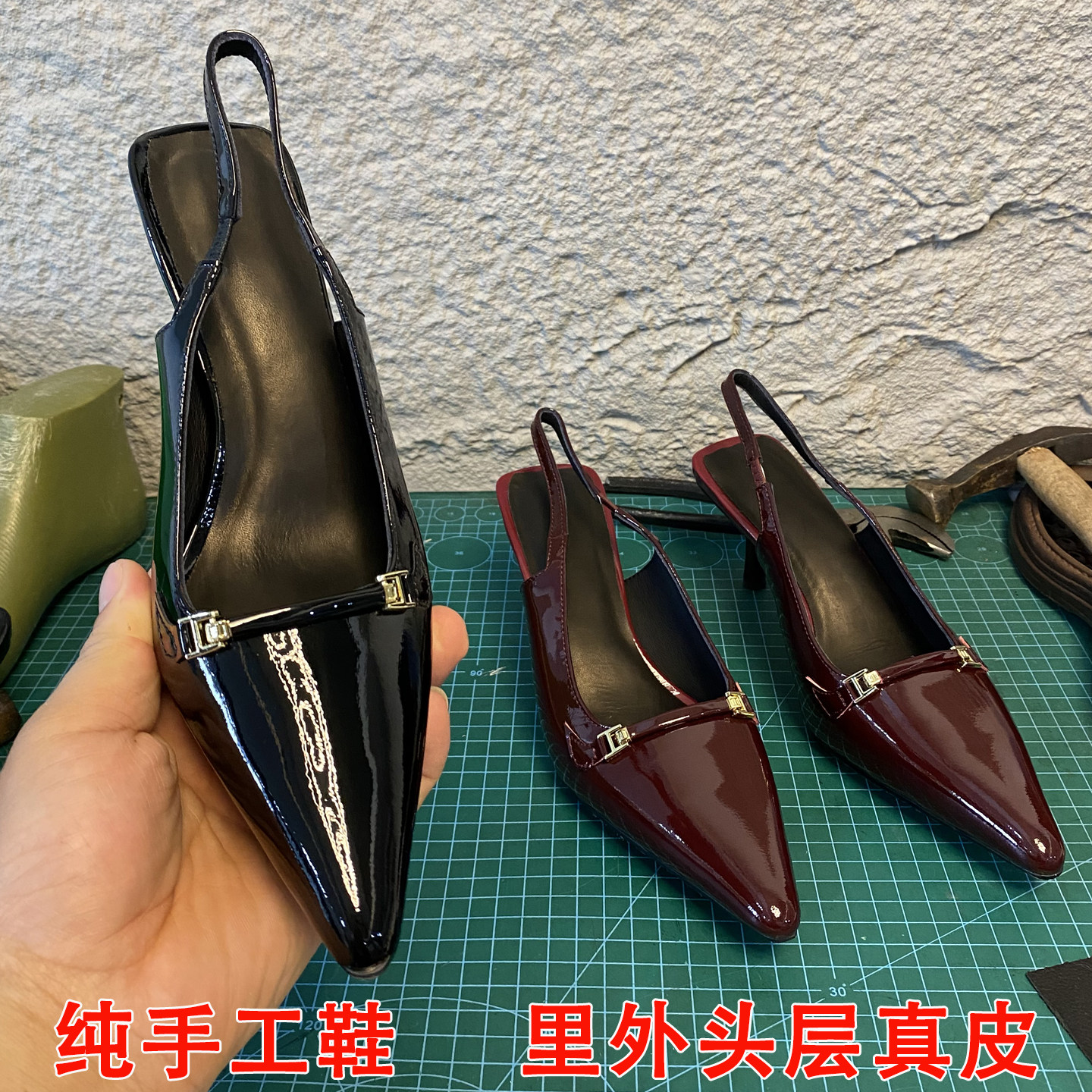 手工真皮法式小金扣高跟包头凉鞋女猫跟外穿百搭绝美气质细跟女鞋