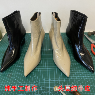手工真皮高跟尖头坡跟短靴女后拉链复古炸裂纹头层牛皮显瘦裸靴女