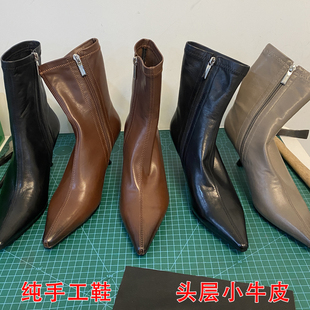 肖二哥 复古粽色手工真皮高跟瘦瘦靴女软皮细跟尖头秋冬短筒靴子