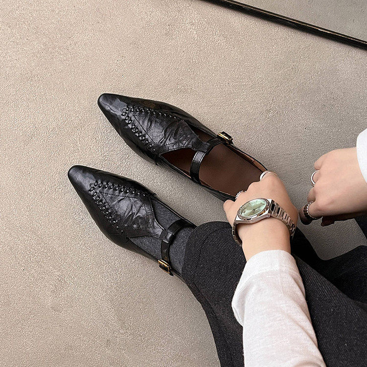 复古丁字扣玛丽珍鞋女羊皮小众低跟尖头单鞋巨软真皮百搭平底鞋子,女鞋,浅口单鞋,淘宝优惠券,粉丝福利购,淘宝优惠卷