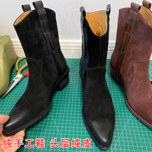 纯手工真皮复古擦色V口尖头西部靴粗跟短靴女牛翻皮磨砂马丁靴女