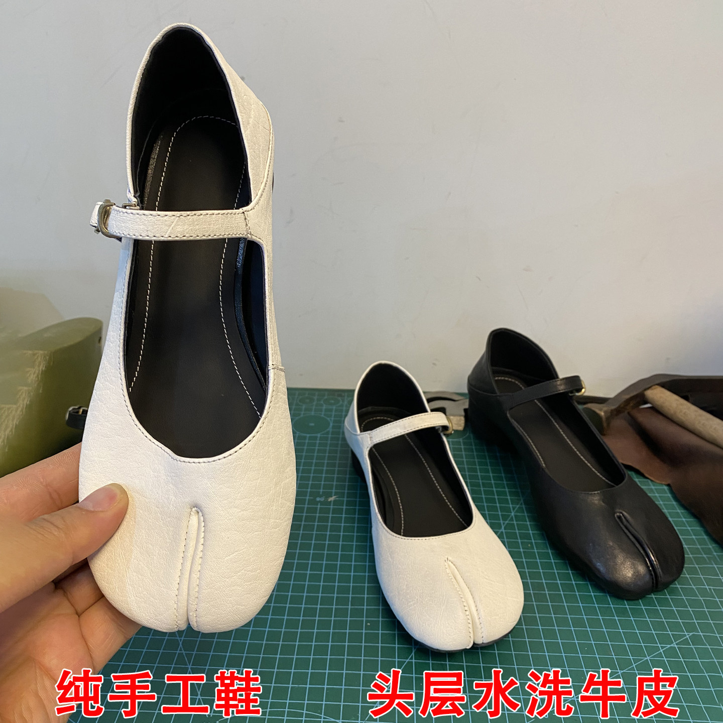 手工真皮复古分趾中跟玛丽珍女鞋图片