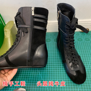 手工真皮内增高拳击靴女复古马丁靴女英伦风系带休闲运动勃肯短靴
