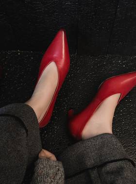 尖头V口气质优雅红色复古高跟鞋真皮时尚细跟浅口单鞋百搭高跟鞋