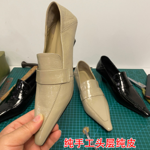 肖二哥 法式超软百搭真皮乐福鞋女尖头复古浅口单鞋粗中跟小皮鞋