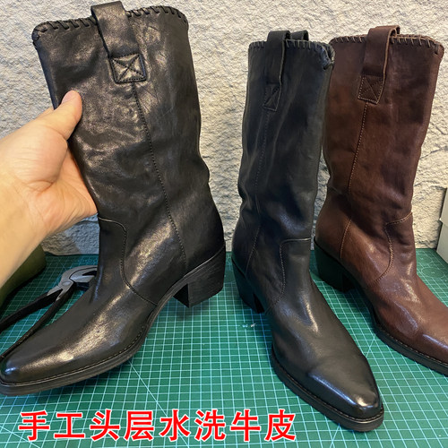 肖二哥手工头层水洗牛皮中筒靴