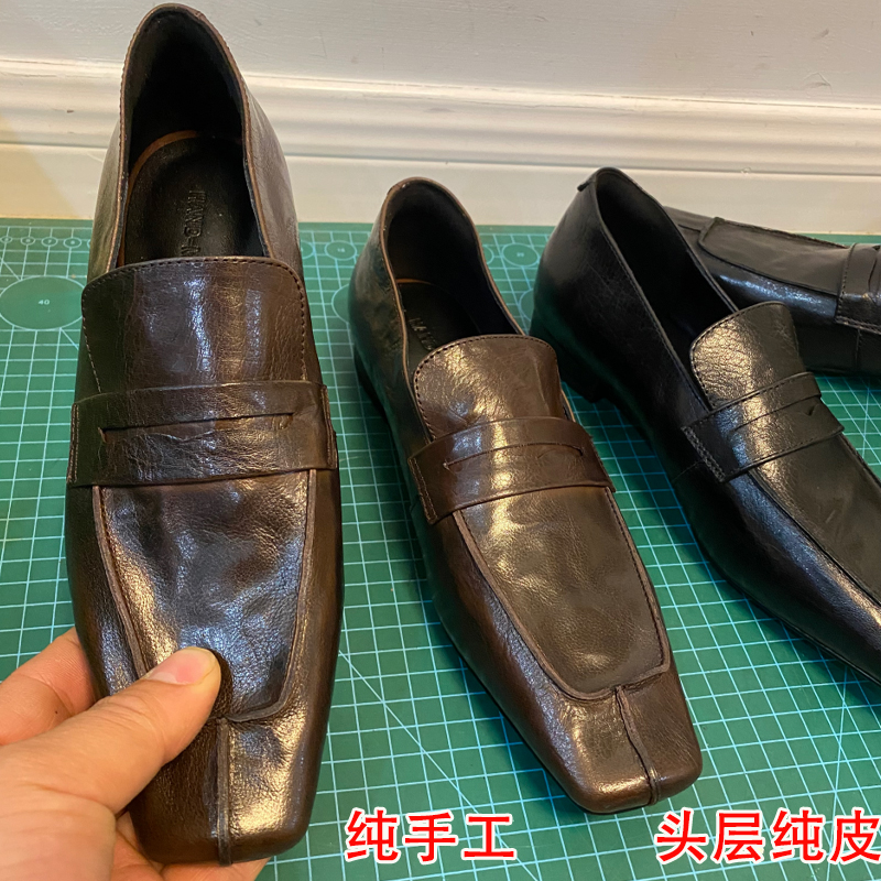 水洗胎牛皮小众复古方头平底英伦风乐福鞋女春款小皮鞋低跟单鞋女