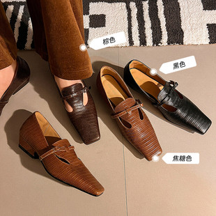 头层牛皮深口单鞋 里外全皮法式 中跟粗跟单鞋 方头乐福鞋 复古小皮鞋