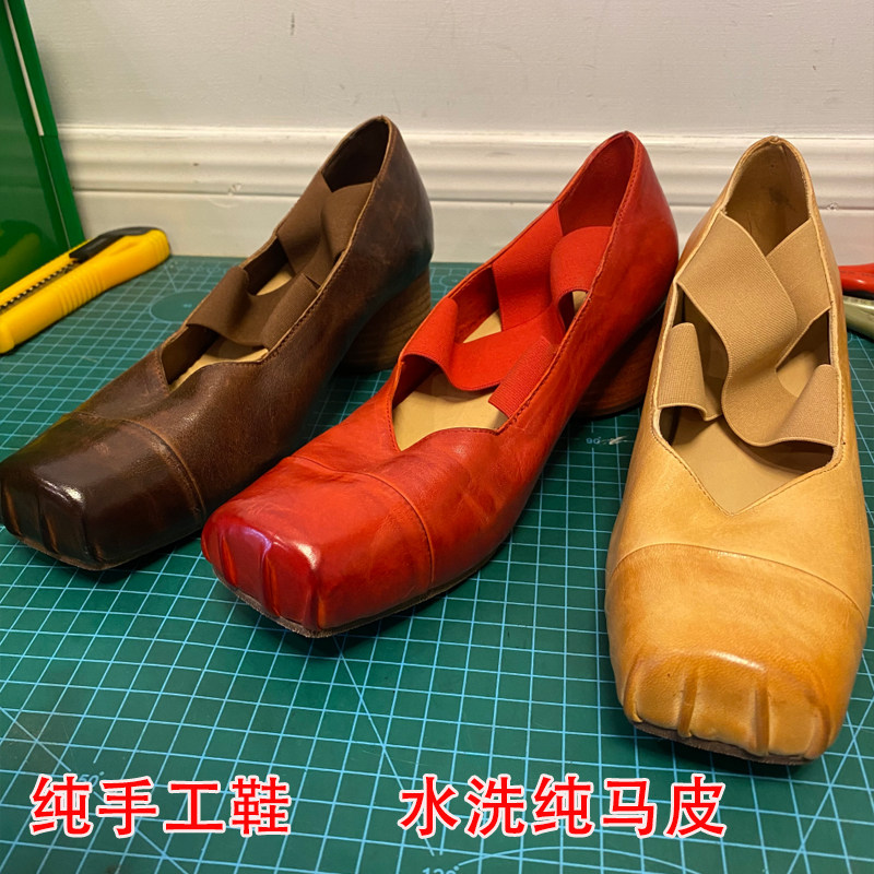 马皮粗跟单鞋芭蕾舞鞋猪鼻子