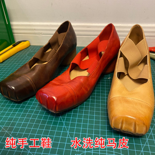 马皮粗跟单鞋芭蕾舞鞋猪鼻子