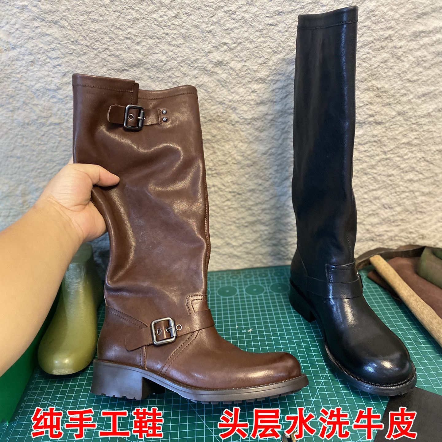 纯手工头层水洗牛皮复古皮带扣高筒骑士靴女冬季粗跟长筒机车靴女