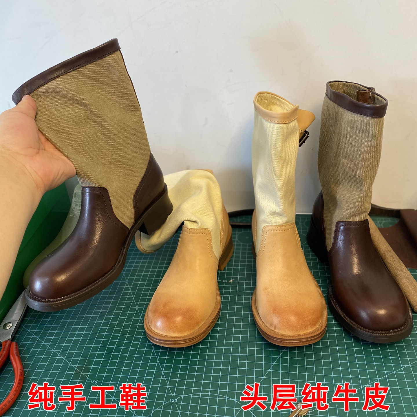 手工真皮复古皮带扣短筒骑士靴帆布拼中筒靴女粗跟西部牛仔堆堆靴