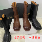 纯手工高定版 纯皮马丁靴女秋冬潮酷中筒靴宽松直筒皮带扣骑士短靴