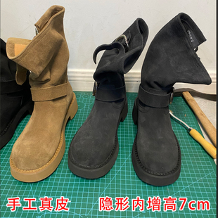 牛翻皮内增高马丁靴女2025新款夏季西部靴复古粗跟黑灰色堆堆短靴