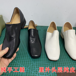 手工真皮褶皱内增高一脚蹬单鞋侘寂风高跟乐福鞋中高跟两穿穆勒鞋