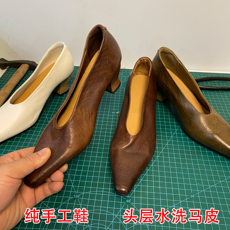 水洗马皮尖头V口女巫真皮奶奶鞋图片