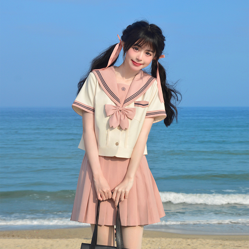京荷高甜美灰粉色JK制服套装