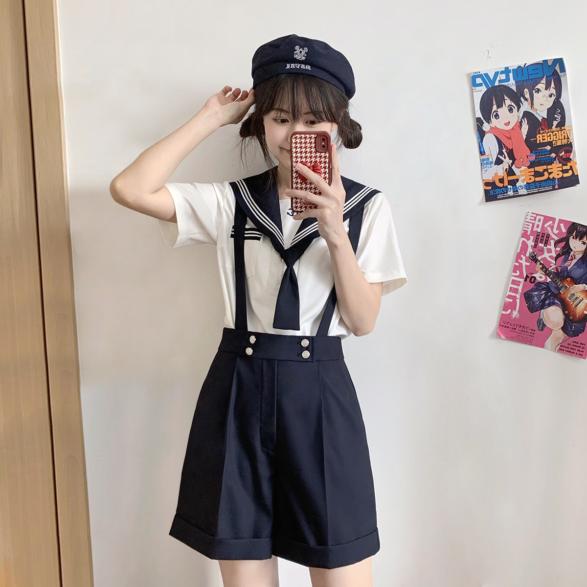 樱花家族jk制服【蔚蓝誓约】绀色背带短西裤花绀白三本水手服套装 女装/女士精品 学生校服 原图主图