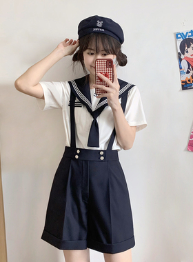 樱花家族jk制服【蔚蓝誓约】绀色背带短西裤花绀白三本水手服套装